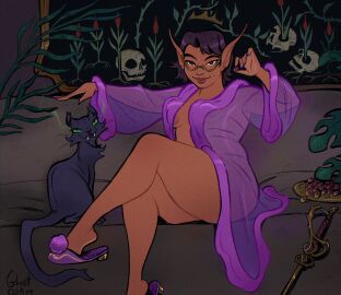 1girls 2d bathrobe breasts cat changeling_(wod) changeling_the_dreaming crown dark-skinned_female dark_skin elf elf_ears elf_female elf_girl feline female female_only fey functionally_nude ghost_osa glasses glinda_(ghost_osa) nightgown osatokun pixie_cut pixie_cut_female pixie_cut_hair pointed_ears robe see-through see-through_clothing sidhe silk_robe sitting skull slippers solo solo_female sword thighs tiara world_of_darkness