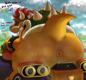 2020s 2024 anal_request anthro anus ass bent_over big_ass big_butt blush bowser bracelet bubble_ass bubble_butt car cloud day english_text eyebrows gay hair hi_res horn huge_ass huge_butt huge_thighs inviting jewelry koopa looking_at_viewer looking_back looking_back_at_viewer male mario_(series) mario_kart muscular muscular_anthro muscular_male musk musk_clouds narrowed_eyes nintendo nude open_mouth open_smile oral_request outside perineum puffy_anus rimming_request scalie shell sitting sky smile solo spiked_bracelet spiked_shell spikes spikes_(anatomy) spikysketches talking_to_viewer teeth text thick_thighs tongue vehicle