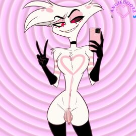 1:1 absurd_res angel_dust angel_dust_(hazbin_hotel) angiebootz anthro arachnid arthropod balls demon electronics fur genitals hazbin_hotel hellaverse hi_res male penis phone selfie simple_background solo spider tagme teeth white_body