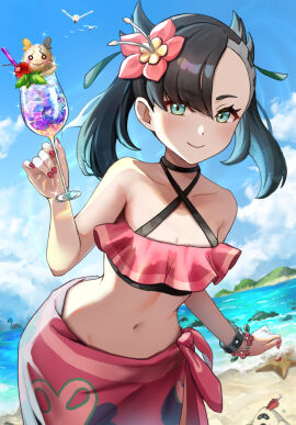 1girls asymmetrical_bangs beach bikini black_choker black_hair blue_sky blush bracelet breasts cherry choker cleavage cloud creatures_(company) cup day drink female flower food fruit game_freak generation_1_pokemon generation_3_pokemon generation_7_pokemon generation_8_pokemon glint green_eyes hair_flower hair_ornament hibiscus holding holding_cup ice ice_cube jewelry lapras leaning_forward looking_at_viewer marnie_(pokemon) morpeko morpeko_(full) nail_polish navel nintendo outdoors pink_nails pokemon pokemon_(creature) pokemon_masters pokemon_masters_ex pokemon_ss red_nails sandygast sarong setta_shu sky small_breasts staryu stomach summer_marnie_(pokemon_masters) swimsuit teenage_female teenager twintails undercut