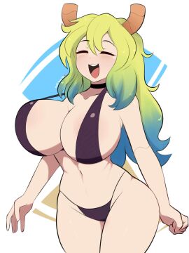 1girls big_breasts breasts choker cleavage ecchi female female_only green_hair horns lucoa miss_kobayashi's_dragon_maid not_porn open_mouth postblue98 revealing_clothes skimpy_clothes solo swimsuit tanga thick_thighs