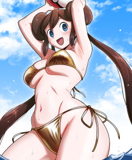1girls beach_ball bikini blue_eyes breasts brown_hair cloud clouds female gold_bikini gooberman in_water long_hair looking_at_viewer navel nintendo open_mouth poke_ball pokeball pokemon pokemon_bw pokemon_bw2 rosa_(pokemon) side-tie_bikini side_tie_bikini sky swimsuit twintails water wet