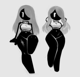 bottomless bottomless_female female grey_hair hair_over_one_eye hands_behind_head long_hair mob_face navel nekuzx stickfigure stickman suggestive_pose sweater thick_thighs toony topwear