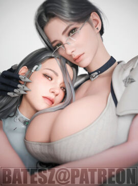 2girls 3d batesz big_breasts black_hair bonding breasts breasts_bigger_than_head brown_eyes bust busty busty_female choker clawed_fingers cleavage cleavage_overflow clothed cute daughter dia_elias_(the_first_descendant) ear_piercing earrings female glasses gley_(the_first_descendant) grey_eyes grey_hair huge_breasts hugging incest jacket lesbian light-skinned_female light_skin looking_at_viewer milf mother mother_and_daughter no_makeup pale-skinned_female pale_skin the_first_descendant yuri