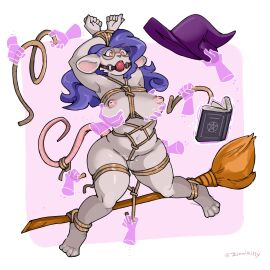 amber_bennet anthro ball_gag big_breasts blue_hair bondage bound breasts broom cleaning_tool clothing crotch_rope disembodied_hand eyewear female fur gag gagged glasses grey_body grey_fur hair hat headgear headwear hi_res mage_hand magic magic_hands magic_user mammal mouse murid murine nipples red_eyes restraints rodent rope rope_bondage rope_harness slightly_chubby solo solo_focus witch witch_costume witch_hat zinnick