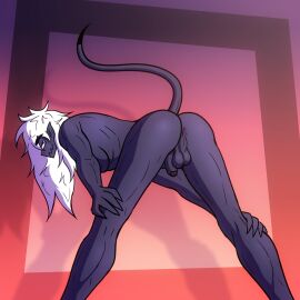 1boy anthro anus ass athletic athletic_male backsack balls ballsack claws demon frank_fathih genitals glans gradient_background grey_eyes hair hi_res humanoid humanoid_genitalia humanoid_penis humanoid_pointy_ears kimero_kat long_hair looking_at_viewer male male_only nude penis penis_backwards perineum pointy_ears presenting presenting_hindquarters pupils simple_background slim_male slit_pupils smile solo tail white_hair