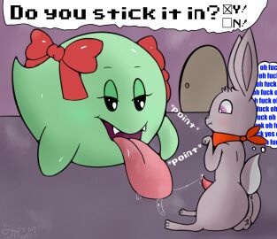 2024 anus ass backsack balls ballsack big_tongue bodily_fluids boo_(mario) bow_ribbon dialogue digital_media_(artwork) duo erection female feral genital_fluids genitals ghost hi_res kerchief lady_bow lagomorph large_tongue leporid male male/female mammal mario_(series) naughty_face neckerchief neckwear nintendo paper_mario precum rabbit romper_(trippybunny) saliva saliva_string spirit trippybunny yes-no_question