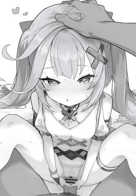 1boy 1girls bar_censor bare_shoulders blush censored clothed_sex clothing_cutout dress erection faruzan_(genshin_impact) female genshin_impact greyscale guided_penetration hair_ornament headpat heart highres long_hair looking_at_viewer male matcha_(mattyan) monochrome penis pov pussy sex short_sleeves shoulder_cutout sitting solo_focus spread_legs straight sweat twintails vaginal_penetration x_hair_ornament