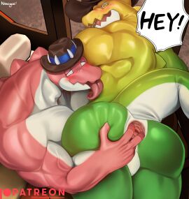 2024 absurd_res alligator alligatorid anthro anthro_on_anthro anthro_on_bottom anthro_on_top anus ass back_muscles bara bent_over biceps big_ass big_butt big_muscles blush bodily_fluids butt_squish candy chad_(the_amazing_digital_circus) clothing crocodilian deltoids dessert dialogue duo english_text food food_creature gaping gaping_anus gay glitch_productions gummigoo_(the_amazing_digital_circus) gummy_(food) gummy_creature hand_on_ass hand_on_butt hat he_wants_to_order headgear headwear hi_res huge_ass huge_butt huge_muscles huge_thighs inside kemono licking living_candy male male/male male_on_bottom male_on_top male_only meme muscles muscular muscular_anthro muscular_male narrowed_eyes nekogaki0324 nude on_bottom on_top open_mouth patreon pecs perineum reptile scales scalie signature sitting spread_anus spreading squish sweat sweatdrop text the_amazing_digital_circus thick_thighs tongue tongue_out truck vehicle vein yaoi