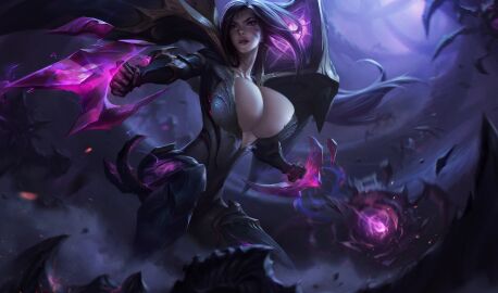 bodysuit bolt_on_tits breast_implants breasts breasts_bigger_than_head cattlec edit edited edited_official_artwork enhanced_breasts fake_breasts female huge_breasts kai'sa league_of_legends long_hair official_artwork_edit round_breasts silicone silicone_implants tight_clothing wallpaper