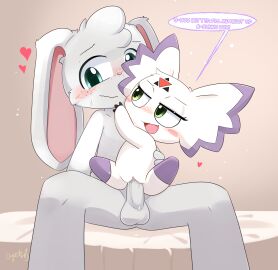 absurd_res anthro anthro_on_anthro anthro_penetrated anthro_penetrating anthro_penetrating_anthro balls bandai_namco blush chair_position clyndemoon culumon dialogue digimon digimon_(species) digiphilia duo english_text female female_anthro female_penetrated from_behind_position fur genitals green_eyes grey_body grey_fur heart_symbol hi_res humanoid_genitalia humanoid_penis interspecies lagomorph larger_male leporid male male/female male_anthro male_penetrating male_penetrating_female mammal penetration penile penile_penetration penis penis_in_vagina pussy rabbit sex size_difference smaller_female smaller_penetrated text vaginal_penetration white_body white_fur