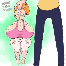 breasts cleavage drooling female gigantic_breasts hair_pulled_back lewdbeef morty_smith orange_hair pink_tank_top rick_and_morty shortstack small_female smaller_female summer_smith tank_top tongue_out white_pants wide_hips