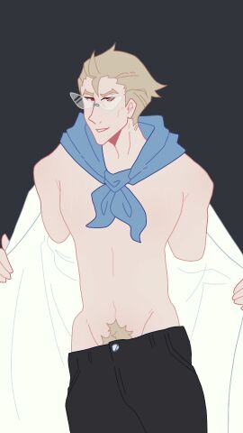 1boy 0_strawberrymilk_0_(artist) blonde-haired_male blonde_hair cheek_bones chest coat genthru glasses hips hunter_x_hunter light-skinned_male light_skin looking_at_viewer male male_only nude nude_male orange_eyes pubic_hair sfw short_hair skinny skinny_male smirking smirking_at_viewer solo solo_male taking_clothes_off tall_male undressing