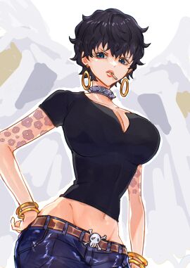 1girls arm_tattoo belt big_breasts black-haired_female black_hair black_shirt blue_eyes bracelet breasts choker cigarette cigarette_in_mouth cleavage clothed clothing curvaceous curvy curvy_female curvy_figure doll_(one_piece) earrings female female_focus female_only flower_tattoo jeans large_breasts light-skinned_female light_skin looking_at_viewer low-angle_view midriff navel one_piece sc_scandium shirt short_hair shounen_jump slim_waist solo solo_female solo_focus spiked_choker standing tattoo thin_waist