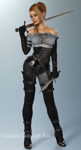 1girls 3d darklord fantasy female light-skinned_female light_skin posing private_vanessa_winters red_hair rogue sword swords