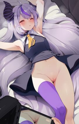 absurdres ahoge arms_up black_horns blush braid braided_bangs breasts camcorder demon_horns female fujisaki_hikari hair_between_eyes highres hololive hololive_japan holox horns la+_darknesss long_hair lying multicolored_hair navel no_panties on_back purple_hair purple_thighhighs pussy single_thighhigh sleeping small_breasts solo_focus streaked_hair striped_horns thighhighs uncensored very_long_hair video_camera virtual_youtuber