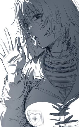 1girls anya_(mouthwashing) blush fellatio_gesture female hews_hack inviting jumpsuit long_hair looking_at_viewer milf mouthwashing nurse sketch solo tomboy_milf tomboyish tongue tongue_out