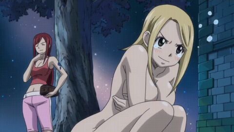 2girls animated arm_tattoo blonde-haired_female blonde_hair blue_tattoo canonical_scene embarrassed embarrassed_nude_female enf erza_scarlet fairy_tail fairy_tail_mark female lucy_heartfilia nude red-haired_female red_hair tagme tattoo tattoo_on_arm tattooed_arm