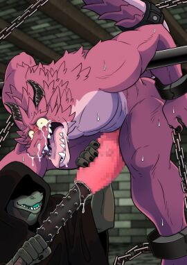 agony balls bara bodily_fluids censored chained chains club_(weapon) cock_and_ball_torture cock_and_balls_torture dragon genital_fluids genital_torture hi_res horn lizard male male/male melee_weapon muscular muscular_male mythological_creature mythological_scalie mythology on_the_edge pain penis precum purple_(yokunaiplay) reptile scalie screaming skeb_commission strained sweat tail tears teeth urethral weapon yaoi yokunaiplay
