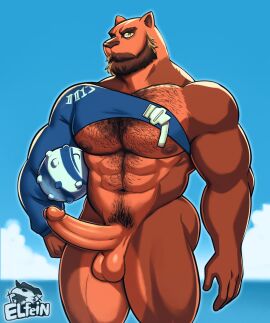 1boy abs anthro artist_logo artist_name ball_(object) balls ballsack bara beard beefy big_pecs blitzball body_fur body_hair brown_body brown_fur chest_hair elfein erection facial_hair feline final_fantasy final_fantasy_xiv genitals hi_res hrothgar humanoid_genitalia humanoid_penis looking_at_viewer male male_nipples male_only male_pubic_hair mammal masculine mature_male mostly_nude mostly_nude_male muscles muscular muscular_anthro muscular_male mustache nipples pecs penis pubes pubic_hair scrotum smooth_penis solo sport square_enix testicles yaoi yellow_eyes