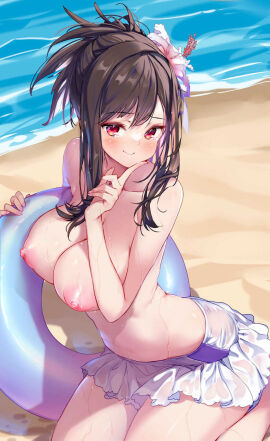 beach bikini bikini_bottom bikini_bottom_only black-haired_female black_hair breasts exhibitionism female female_focus final_fantasy final_fantasy_vii final_fantasy_vii_rebirth finger_on_face flower_in_hair hair_up hibiscus hong_(white_spider) innertube kneeling large_breasts long_hair looking_at_viewer ocean outdoor_nudity red_eyes sea smile swimsuit tifa_lockhart tifa_lockhart_(shining_spirit) topless