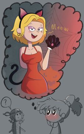 ? aged_up amphibia amphibia_(finale) anne_boonchuy autart big_breasts blush breasts brown_hair cat cat_ears cat_girl cat_paws cat_tail catgirl cleavage clothed dark-skinned_female dark_skin disney disney_channel female halloween human lesbian sasha_waybright tail yuri