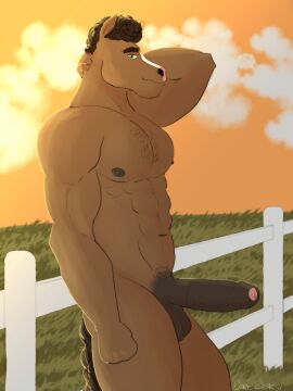 2024 abs absurd_res anthro balls body_hair brown_balls brown_body brown_eyebrows brown_hair brown_nipples brown_penis brown_tail chest_hair cloud curled_hair darebearart equid equine erection eyebrows fence fencepost fist foreskin fur genitals glans grass grass_field green_eyes hair hand_behind_head hi_res horse humanoid_genitalia humanoid_penis light looking_at_viewer male male_only mammal medial_ring muscular nipples nude orange_sky outside pecs penis pink_glans pink_nose plant pubes raised_arm side_view sky solo sunlight tail uncircumcised white_body white_fence white_fur