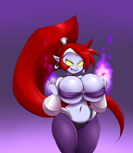 1girls arabian_clothes armlet bare_shoulders belly_dancer belly_dancer_outfit bracelet breast_expansion breast_growth breast_growth_(enlargement) breasts dancer_outfit earrings expansion eyelashes female female_only hair_ornament harem_outfit headdress jewelry large_breasts long_hair looking_down metachoke nega-shantae purple_skin red_hair revealing_clothes shantae smooth_skin solo solo_female strapless tiara wayforward wide_hips