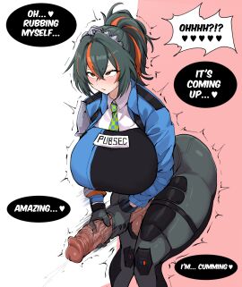 1futa absurdres ahe_gao bent_over big_penis black_gloves black_hair black_pants breasts clothed clothing dark_penis darkened_genitalia dick erection female futa_only futanari gloves hair_between_eyes highres huge_cock human hung hung_futa intersex knees_together_feet_apart large_breasts large_penis light-skinned_futa light_skin long_sleeves masturbation mostly_clothed multicolored_hair pants penis penis_out pink_background police police_officer police_uniform policewoman ponytail precum red_eyes red_hair rolling_eyes solo speech_bubble standing text tied_hair two-handed_masturbation two-tone_background two-tone_hair uncensored uniform veins veiny_penis white_background xipa zenless_zone_zero zhu_yuan