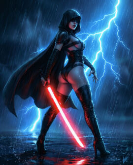 1girls ai_generated black_cape cape female female_focus hi_res high_resolution hires hooded lightning lightsaber lightsaber_hilt looking_at_viewer looking_back looking_back_at_viewer mask masked masked_female mildlyflirty night night_sky outdoors outside rain raining red_lightsaber reflection scars sith sith_lady solo star_wars upscaled wet wet_body