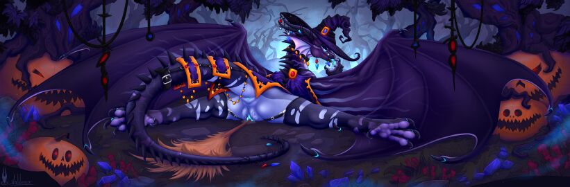 absurd_res anus ass big_butt blue_anus blue_tongue blue_vulva claws dragon female feral firael genitals hi_res looking_at_viewer membrane_(anatomy) membranous_wings mythological_creature mythological_scalie mythology penetration purple_body purple_claws purple_membrane purple_scales raised_tail scales scalie solo tail tongue tongue_out vaginal_penetration valdemar_fordragon vulva wings witch_costume