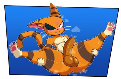 anthro ass azureinthedark balls big_ass big_butt blush bodily_fluids cyborg_kuro-chan domestic_cat erection eye_patch eyewear facial_scar felid feline felis fur gay genital_fluids genitals hi_res humanoid_genitalia humanoid_penis looking_at_viewer male mammal markings matatabi_(cyborg_kuro-chan) nude orange_body orange_fur pawpads penis precum presenting red_eyes scar simple_background sitting solo spread_legs spreading striped_body striped_fur striped_markings striped_tail stripes sweat tail tail_markings thick_thighs white_body white_fur