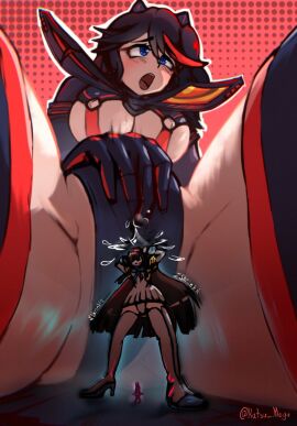 between_legs female giantess jakuzure_nonon katsu_mega kill_la_kill kiryuuin_satsuki masturbation matoi_ryuuko panties simple_background size_difference smaller_female