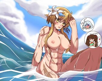 ! 3girls abs annoyed beach big_muscles blonde_hair breasts brown_hair chibi cloud cloudy_sky female female_only flower flower_on_head frills furina_(genshin_impact) genshin_impact ghost grin heterochromia hu_tao_(genshin_impact) large_breasts lumine_(genshin_impact) male multiple_females multiple_girls muscles muscular muscular_arms muscular_female muscular_legs muscular_male nipples scar scar_on_face sky smile solo_focus super_soaker swimsuit tongue tongue_out twintails water wet white_hair yellow_eyes yukiart_83
