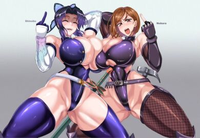 2girls alternate_breast_size alternate_costume angry angry_face angry_vein armor arms_behind_head arms_up ass_visible_through_thighs athletic battle_armor big_ass big_breasts big_butt bowlegged_pose breast_squish breasts brown_eyes brown_hair butterfly_hair_ornament closed_eyes company_connection crossover demon_slayer eyeshadow female female_only femdom flipping_off flipping_viewer_off heart_cutout huge_breasts inner_sideboob jet_puri jujutsu_kaisen kimetsu_no_yaiba kochou_shinobu kugisaki_nobara large_breasts leotard massive_breasts mean middle_finger multiple_girls muscular muscular_female muscular_legs muscular_thighs purple_hair recolor revealing_clothes sadistic_girl shounen_jump shueisha small_waist squished_breasts tagme taimanin_(series) taimanin_suit thick_thighs thighhighs tight_clothing tight_fit tight_leotard toned toned_female touching_breast underboob vein weekly_shonen_jump wide_hips