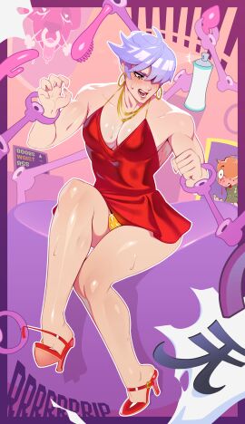 2boys angel blush briefers_rock bulge canon_crossdressing canonical_scene combos-n-doodles cosplay crossdressing crossover dress earrings full_body gold_panties hair_over_eyes hair_over_one_eye high_heels highres hoop_earrings lavender_hair machine male_only muscular muscular_male nosebleed panty_&_stocking_with_garterbelt panty_anarchy panty_anarchy_(cosplay) pantyshot pecs pectoral_cleavage plunging_neckline polyester_(psg) red_dress red_eyes red_heels short_hair sitting solo_focus sweat twink yaoi