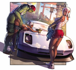 ahe_gao argag background bent_over big_breasts breasts car female footwear green_skin half_elf hat male muscular muscular_male orc orc_male original_character original_characters platinum_blonde_hair roxi_moon rubi_star sachi_(artist) squished_breasts suds tiptoes wet white_hair