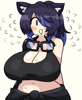 1girls animal_ears big_breasts black_hair blush breasts cleavage clothing eyebrows_visible_through_hair female female_only goggles hair_over_one_eye hi_res light_skin notnoe_(dxcl) ponytail smile smooth_skin solo solo_female sweat two-tone_hair wide_hips