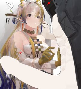 !? 1boy ^^^ abs absurdres arknights bare_shoulders beads black_coat blonde_hair blue_hair chinese_commentary coat commentary_request doctor_(arknights) dragon_girl dragon_horns earrings erection eye_trail female glowing glowing_eye grey_eyes grey_hair hair_between_eyes hair_intakes highres hood hood_up hooded_coat horns jacket jewelry light_trail long_hair long_sleeves male male_doctor_(arknights) multicolored_hair necklace off_shoulder open_clothes open_coat open_jacket open_mouth penis pointy_ears shu_(arknights) speed_lines strapless surprised sweatdrop tiansuo_haoer toned toned_male tube_top white_jacket white_tube_top