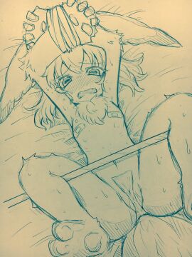 anthro bandage_on_nipple belly blush bodily_fluids bondage bound covered_nipples curemitsuba female fur genitals hair hi_res long_hair made_in_abyss monochrome nanachi narehate navel open_mouth pussy solo sweat traditional_media_(artwork) tuft