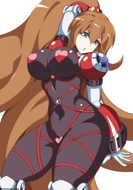 armor black_armor black_bodysuit blue_jewel bodysuit bondage bondage_gear bondage_harness brown_hair brown_ponytail capcom eyes_open fair_skin female green_eyes hand_behind_head harness heart_pasties iris_(mega_man) iris_-another-_(mega_man) kotatuman_dash long_hair mega_man mega_man_x mega_man_x_dive no_background open_mouth partial_armor partially_clothed pasties ponytail red_armor white_armor