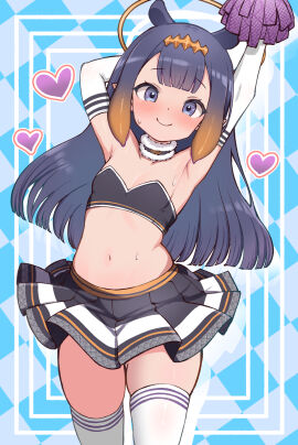 alternate_costume ani_bonara arm_behind_head arm_warmers armpits arms_up black_choker black_skirt blue_eyes blunt_bangs blush breasts cheerleader choker closed_mouth commentary cowboy_shot crop_top dot_nose female flat_chest fur-trimmed_choker fur_trim gradient_hair halo headpiece heart highres holding holding_pom_poms hololive hololive_english hololive_myth inset_border kani_bonara long_hair looking_at_viewer midriff miniskirt multicolored_hair navel ninomae_ina'nis orange_hair pleated_skirt pointy_ears pom_pom_(cheerleading) purple_hair sidelocks skirt small_breasts smile solo sweat tentacle_hair thighhighs virtual_youtuber white_thighhighs yellow_halo
