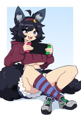 1girls ahoge black_hair blue_eyes breasts commission cropped_hoodie female female_only fox_ears fox_girl fox_tail game_console hairband hi_res hoodie j5daigada looking_at_viewer nintendo_switch shoes shorts sitting smiling smiling_at_viewer socks solo striped_socks tail underboob