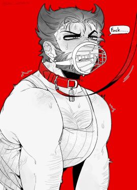 1boy angry animification arm_hair beard blush bondage chest_hair collar english_text facial_hair full-face_blush gay greyscale highres implied_yaoi k4nc_wolverine large_pectorals leash male male_focus male_only marvel marvel_comics monochrome muscular mutant_(marvel) muzzle_(mask) pectorals red_background short_hair solo speech_bubble sweat teeth veins veiny_arms wolverine_(x-men) x-men
