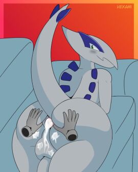 adrian_(theshadowedsun) anthro anus ass backsack balls ballsack big_ass big_butt blush bodily_fluids cum cum_in_ass cum_inside cum_on_balls disembodied_hand generation_2_pokemon genital_fluids genitals hexami leaking_cum legendary_pokemon looking_back lugia lying male nintendo nude pokemon pokemon_(species) puffy_anus solo solo_male