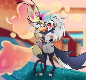 2023 3_toes 4_arms 4_fingers anthro anthro_on_anthro arthropod bee black_nose blue_hair blush breasts canid canid_demon canine claws demon duo fangs featureless_crotch feet female female/female finger fingers fox fur grey_body grey_fur hair hellhound helluva_boss hi_res hindpaw holy-sorrows humanoid_hands hybrid hymenopteran insect_wings insects loona_(helluva_boss) mammal multi_arm multi_limb multicolored_body multicolored_fur multicolored_hair mythological_canine mythological_creature mythology navel nipples nude paws pink_eyes pink_hair queen_bee-lzebub_(helluva_boss) red_sclera silver_hair smile standing teeth toes two-tone_body two-tone_fur two-tone_hair white_body white_eyes white_fur wings yellow_body yellow_fur