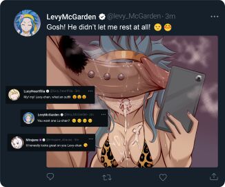 1boy after_fellatio animal_print bikini blue-haired_female blue_hair breasts cant_see_the_haters character_name cum cum_in_mouth cum_on_body cum_on_breasts cum_on_tongue english_text fairy_tail female gajeel_redfox highres huge_cock joshdinobarney large_breasts leopard_print levy_mcgarden male male_pubic_hair nail_polish penis penis_on_face penis_over_eyes penis_piercing piercing pubic_hair selfie selfie_with_penis steam stray_pubic_hair swimsuit text twitter twitter_screenshot twitter_username uncensored