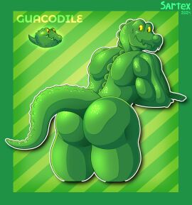 1boy 2024 absurd_res anthro ass ass_focus big_ass big_butt crocodile crocodilian crocodylid crossed_arms electronic_arts elemental_creature elemental_humanoid feral flora_fauna gay green_body guacodile_(pvz) hi_res humanoid looking_back male male_only muscular muscular_anthro muscular_male plant plant_humanoid plants_vs._zombies plants_vs_zombies plants_vs_zombies_2:_it's_about_time popcap_games presenting presenting_hindquarters rear_view reference_image reptile sartex scales scalie shaded sharp_teeth signature simple_background simple_shading smile solo tail teeth text thick_thighs video_games yellow_eyes