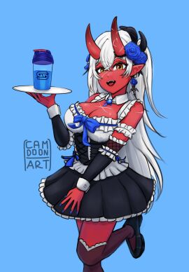 :d akumi artist_name bare_shoulders blue_background blush breasts choker cleavage cup demon demon_girl dress earrings elbow_gloves fangs female fingernails flower frills gloves hair_between_eyes hair_flower hair_ornament holding horns jewelry large_breasts long_hair long_sleeves looking_at_viewer medium_breasts oerba_yun_fang oni oni_horns open_mouth pointy_ears ponytail red_skin ribbon simple_background single_horn smile solo thighhighs tray virtual_youtuber vyugen white_hair