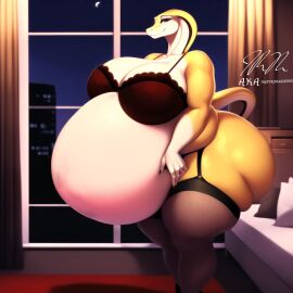 2023 ai ai_generated anthro belly big_belly big_breasts breasts chubby chubby_female female looking_at_viewer mommy nipple_piercing overweight overweight_female pregnant tail thepyromancerfox